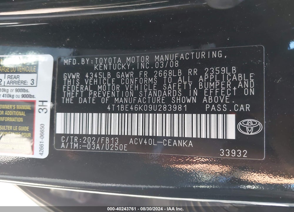 2009 TOYOTA CAMRY LE VIN: 4T1BE46K09U283981