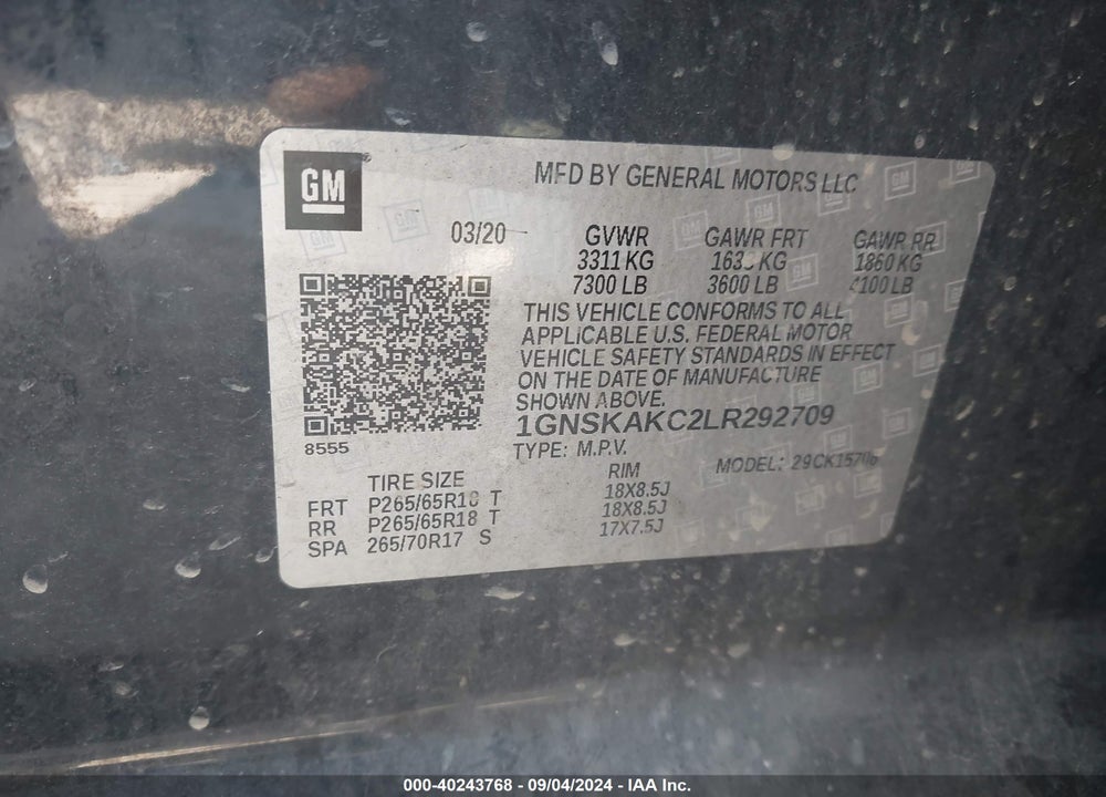 2020 CHEVROLET TAHOE 4WD LS VIN: 1GNSKAKC2LR292709