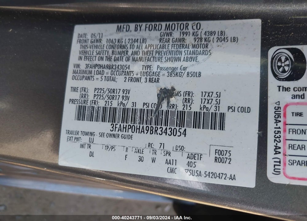 2011 FORD FUSION SE VIN: 3FAHP0HA9BR343054