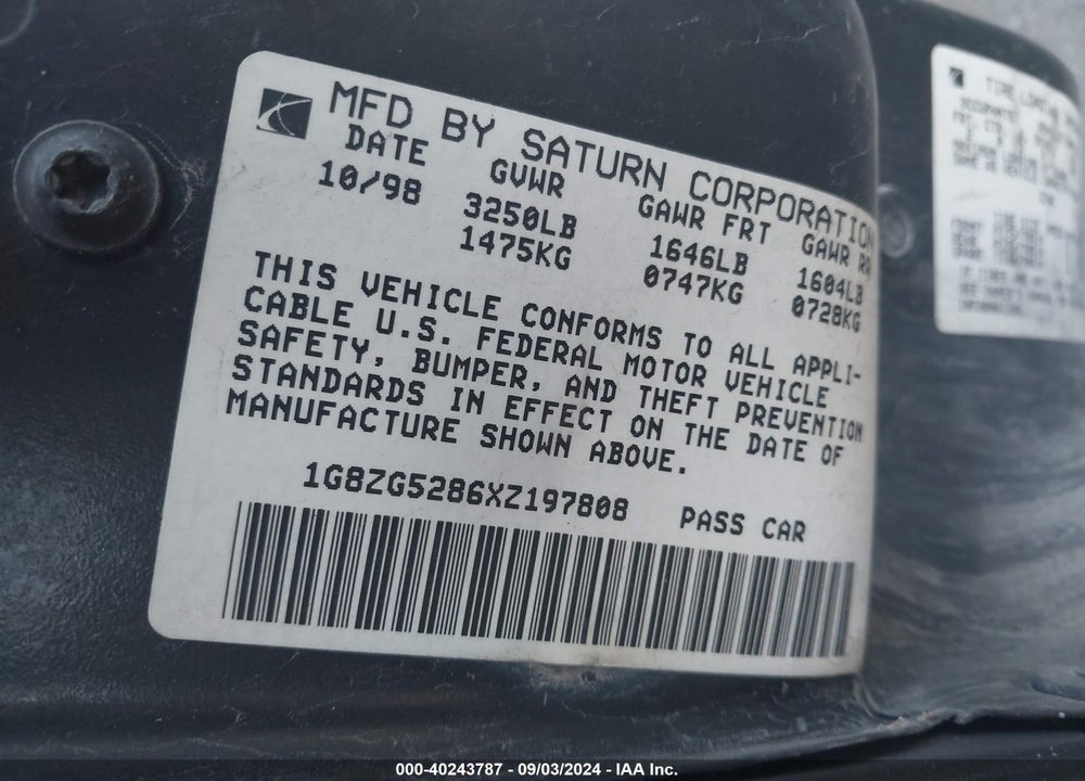1999 SATURN SL1 VIN: 1G8ZG5286XZ197808