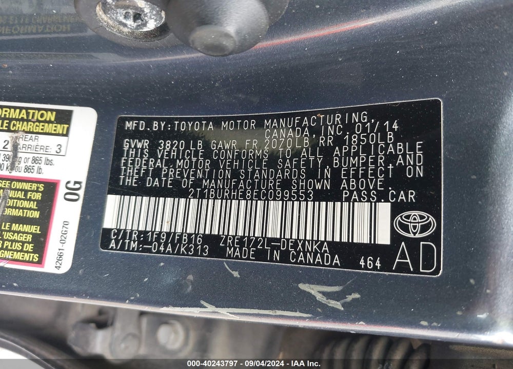 2014 TOYOTA COROLLA LE PLUS VIN: 2T1BURHE8EC099553