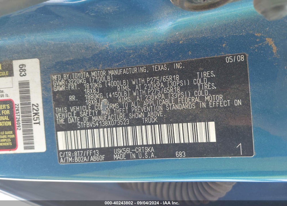 2008 TOYOTA TUNDRA SR5 5.7L V8 VIN: 5TFBV54138X073523