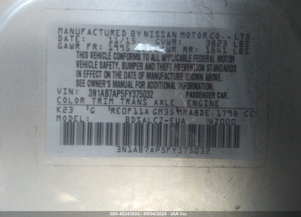2015 NISSAN SENTRA S VIN: 3N1AB7AP5FY375032