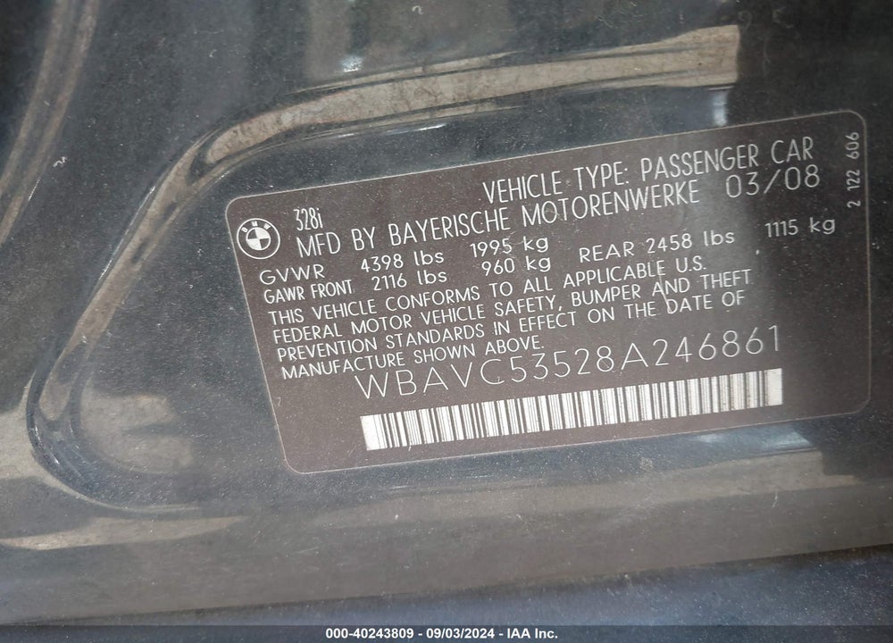 2008 BMW 328I VIN: WBAVC53528A246861