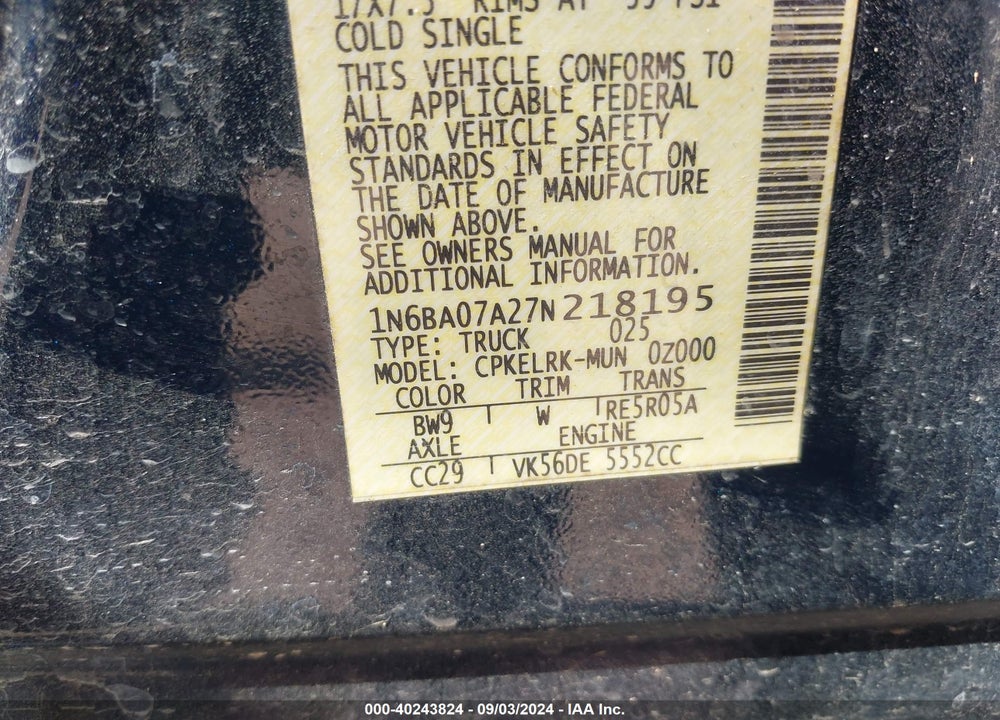 2007 NISSAN TITAN XE VIN: 1N6BA07A27N218195