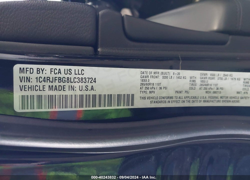 2020 CHEROKEE JEEP GRAND  LIMITED 4X4 VIN: 1C4RJFBG8LC383724