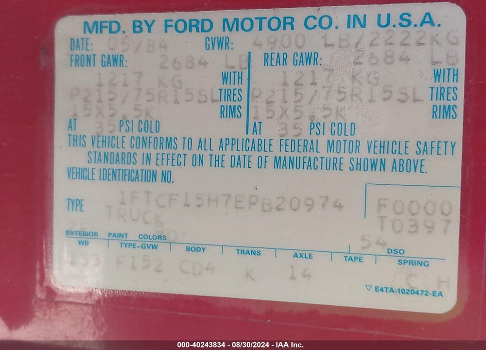 1984 FORD F150 VIN: 1FTCF15H7EPB20974