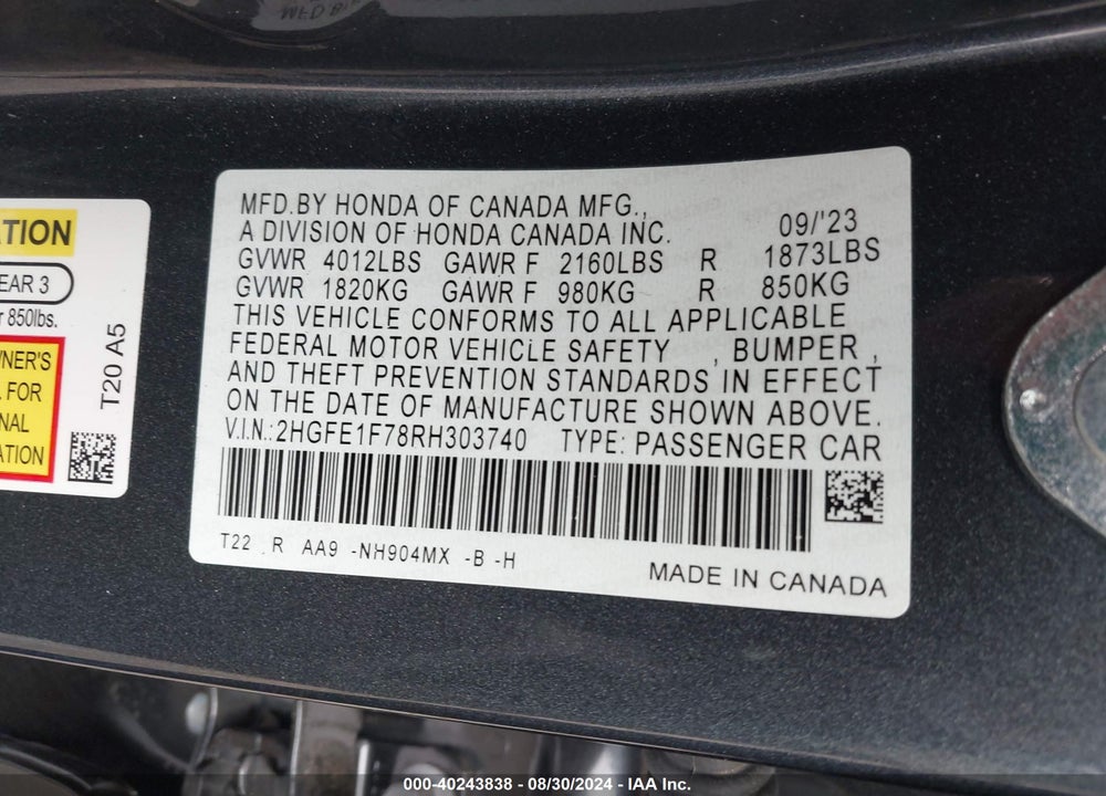 2024 HONDA CIVIC EX VIN: 2HGFE1F78RH303740