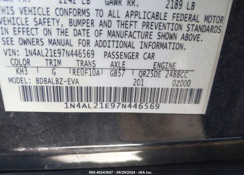 2007 NISSAN ALTIMA 2.5 S VIN: 1N4AL21E97N446569