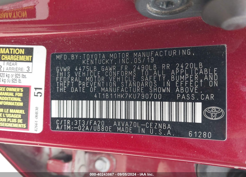 2019 TOYOTA CAMRY LE VIN: 4T1B11HK7KU790700