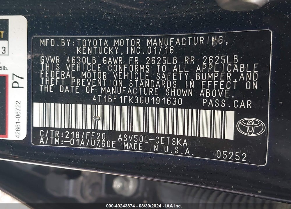 2016 TOYOTA CAMRY SE VIN: 4T1BF1FK3GU191630