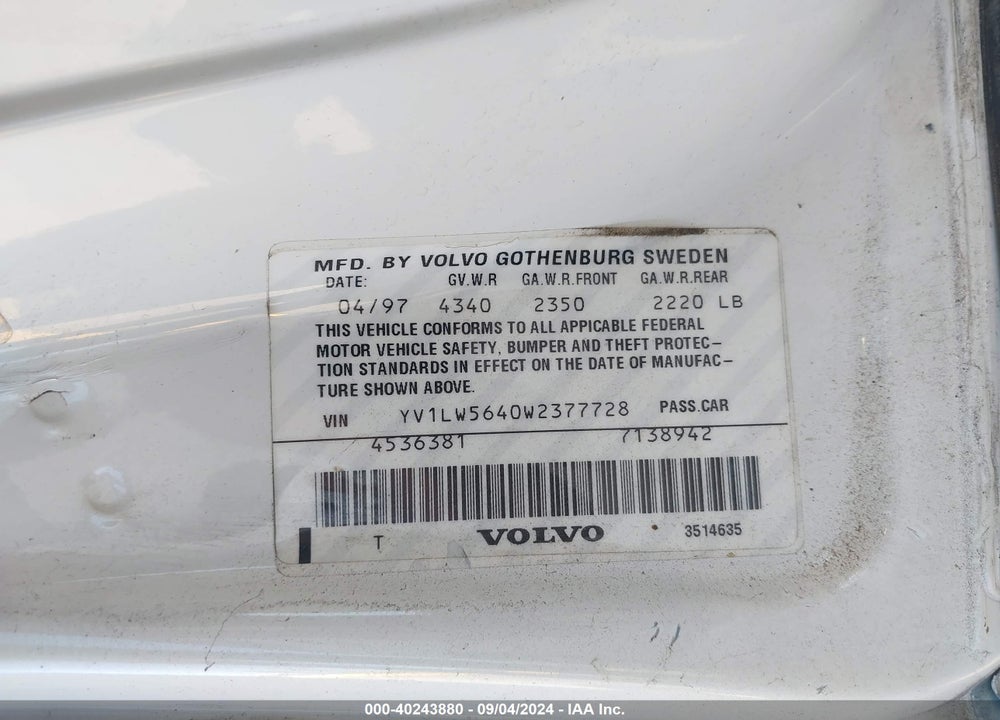 1998 VOLVO V70 GLT VIN: YV1LW5640W2377728