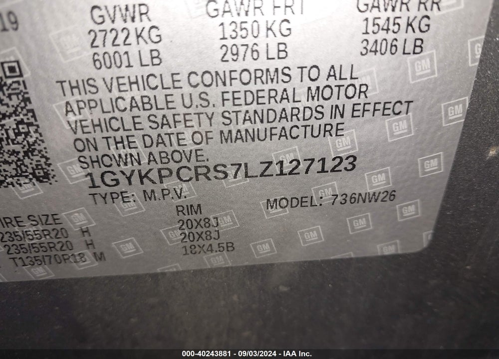 2020 CADILLAC XT6 FWD PREMIUM LUXURY VIN: 1GYKPCRS7LZ127123