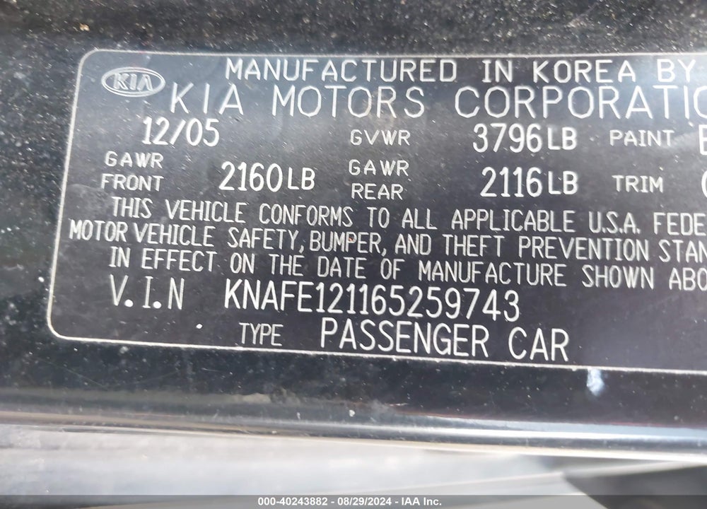 2006 KIA SPECTRA EX/LX/SX VIN: KNAFE121165259743