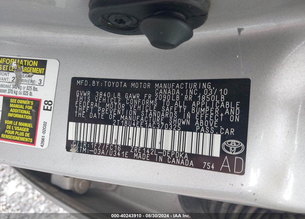 2010 TOYOTA COROLLA LE VIN: 2T1BU4EE1AC370325
