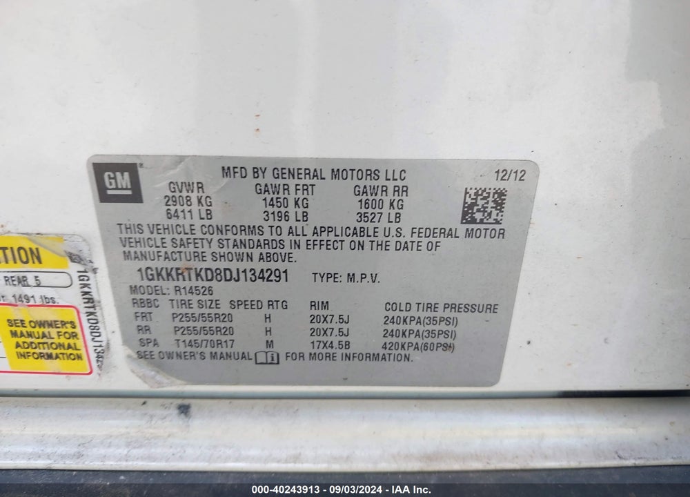 2013 GMC ACADIA DENALI VIN: 1GKKRTKD8DJ134291