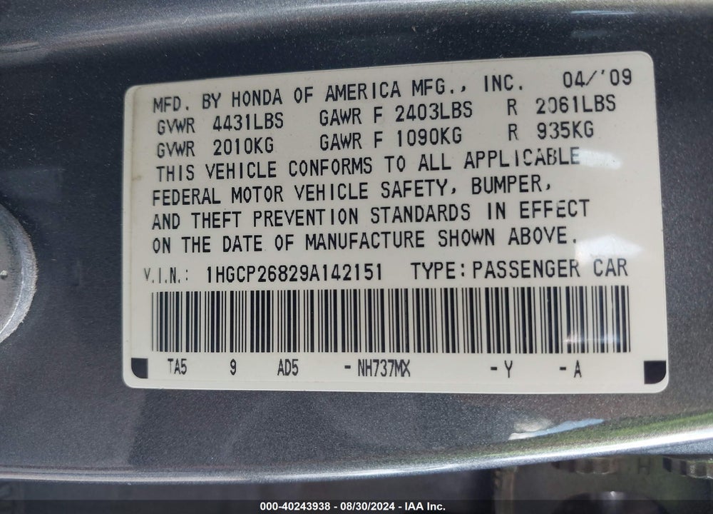 2009 HONDA ACCORD 2.4 EX-L VIN: 1HGCP26829A142151