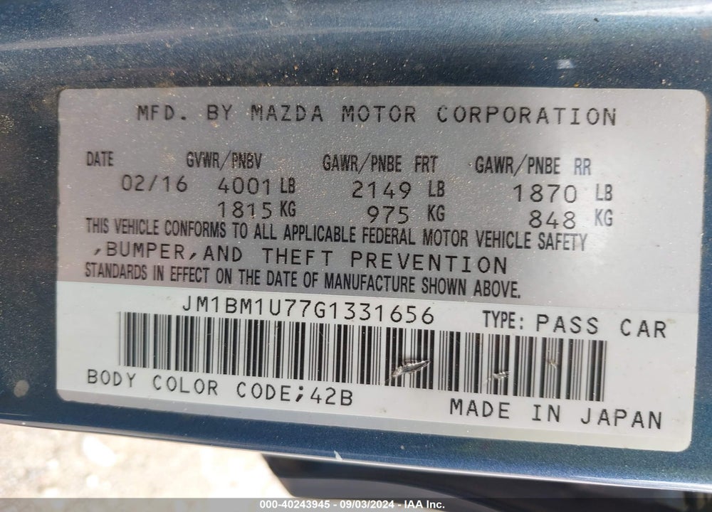 2016 MAZDA 3 I SPORT VIN: JM1BM1U77G1331656