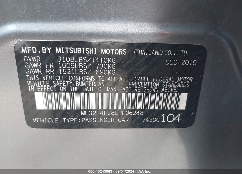 2020 MITSUBISHI MIRAGE G4 LE VIN: ML32F4FJ8LHF06248