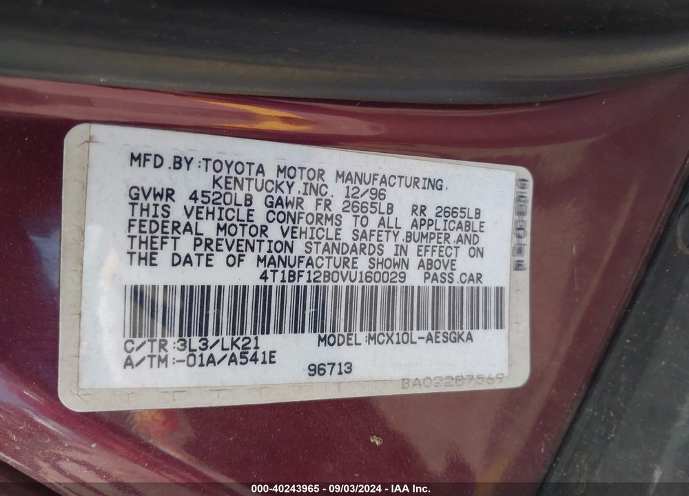1997 TOYOTA AVALON VIN: 4T1BF12B0VU160029