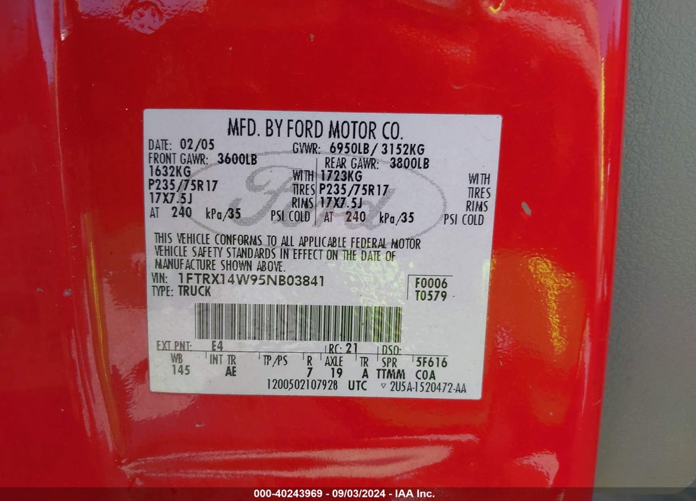 2005 FORD F-150 STX/XL/XLT VIN: 1FTRX14W95NB03841
