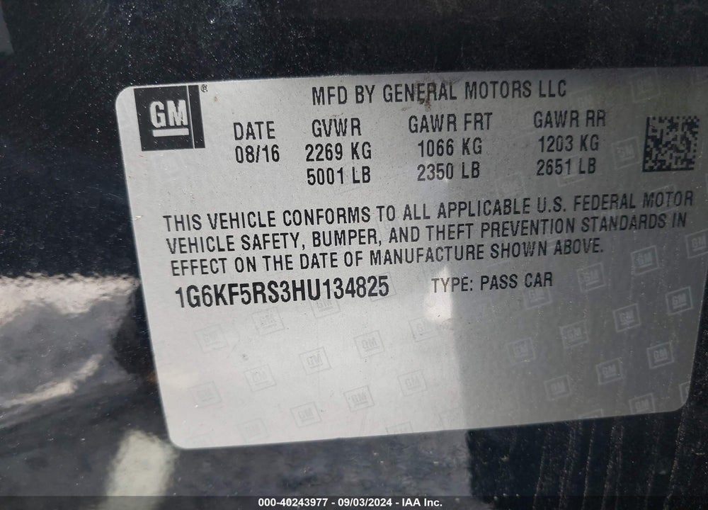 2017 CADILLAC CT6 PREMIUM LUXURY VIN: 1G6KF5RS3HU134825