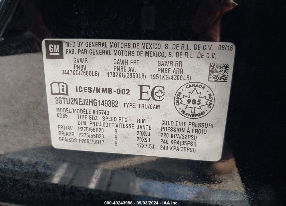 2017 GMC SIERRA 1500 SLT VIN: 3GTU2NEJ2HG149382