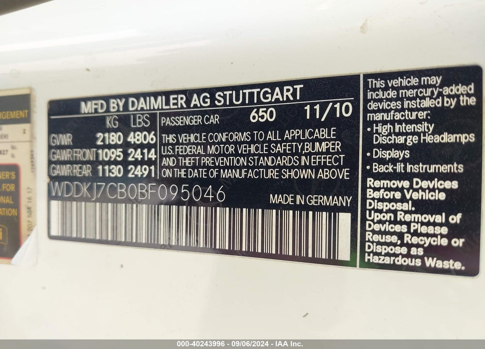 2011 MERCEDES-BENZ E 550 VIN: WDDKJ7CB0BF095046