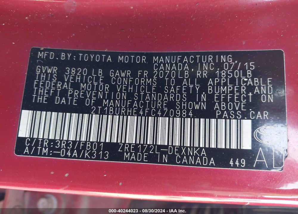 2015 TOYOTA COROLLA LE VIN: 2T1BURHE4FC470984