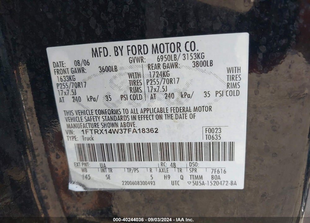 2007 FORD F-150 FX4/STX/XL/XLT VIN: 1FTRX14W37FA18362