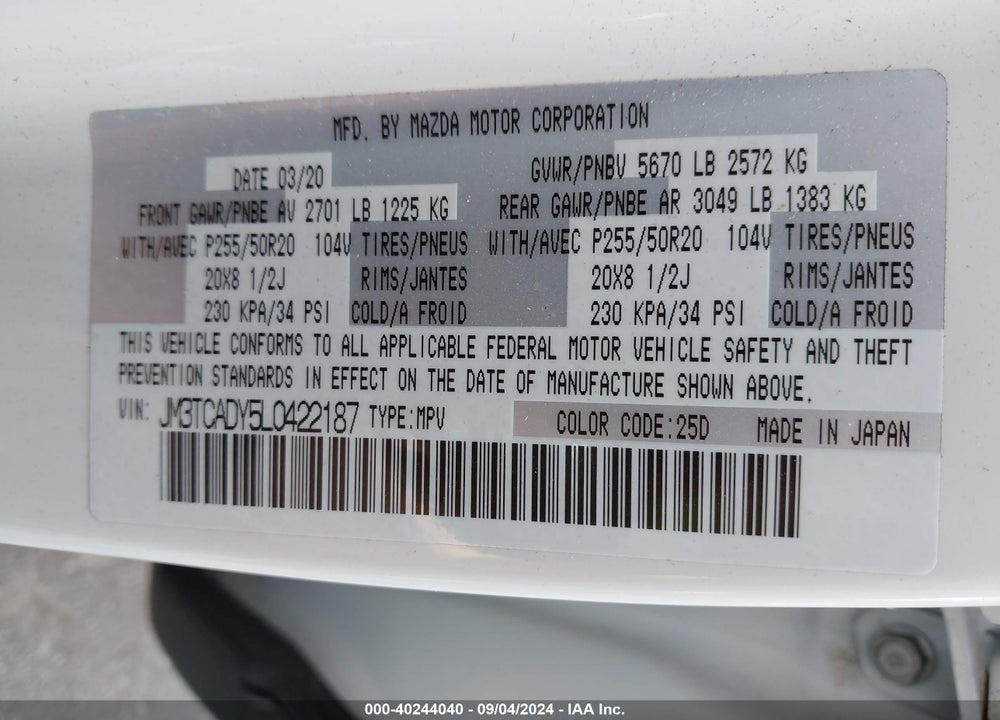 2020 MAZDA CX-9 GRAND TOURING VIN: JM3TCADY5L0422187