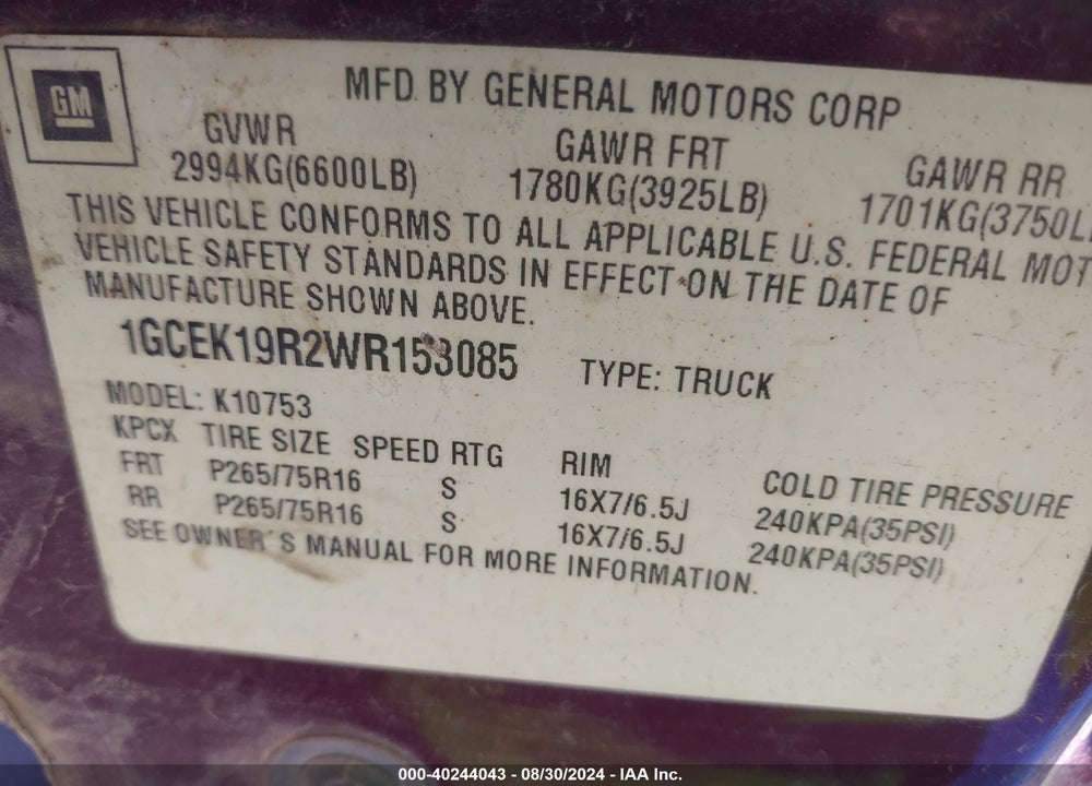 1998 CHEVROLET K1500 FLEETSIDE VIN: 1GCEK19R2WR153085