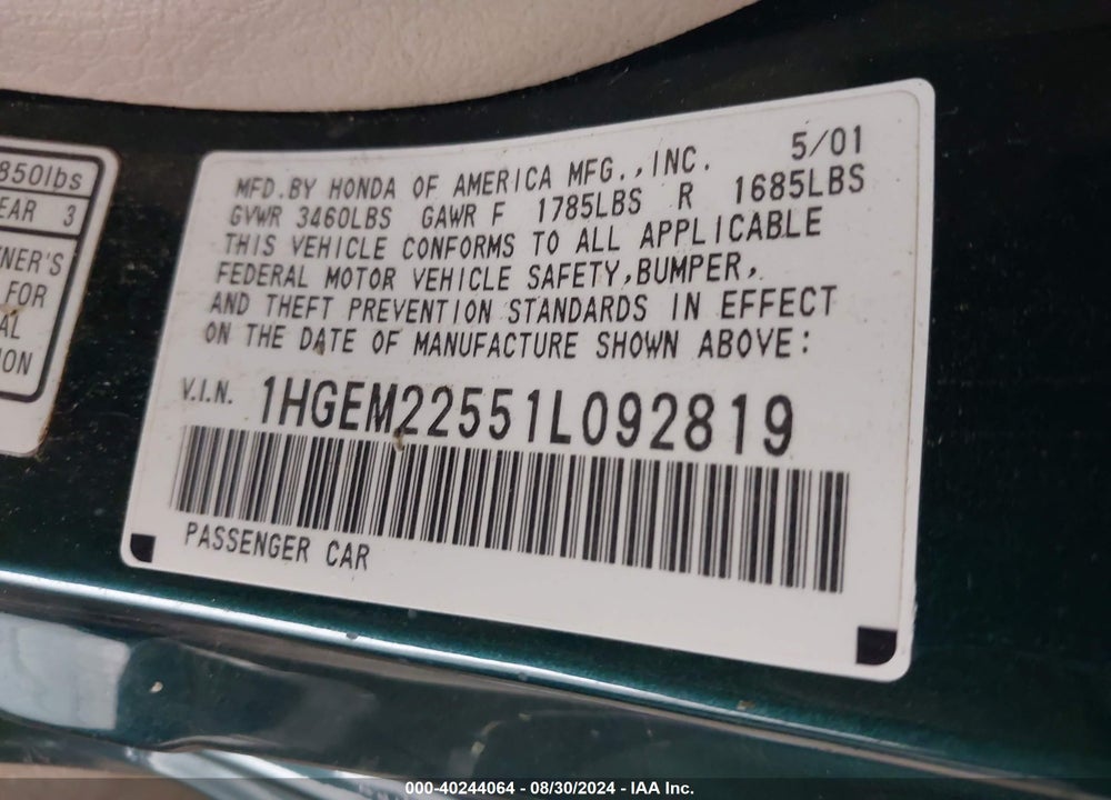 2001 HONDA CIVIC LX VIN: 1HGEM22551L092819