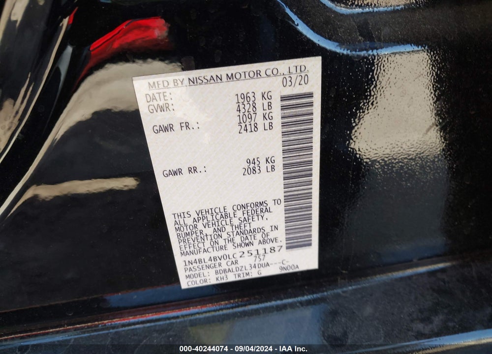 2020 NISSAN ALTIMA S FWD VIN: 1N4BL4BV0LC251187