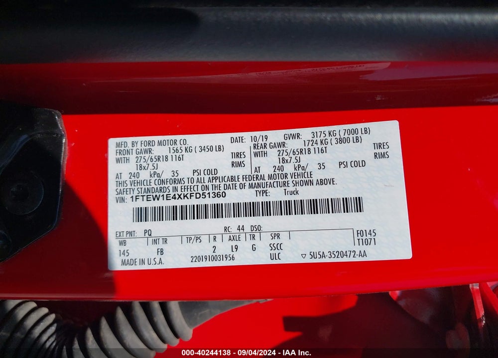 2019 FORD F-150 VIN: 1FTEW1E4XKFD51360