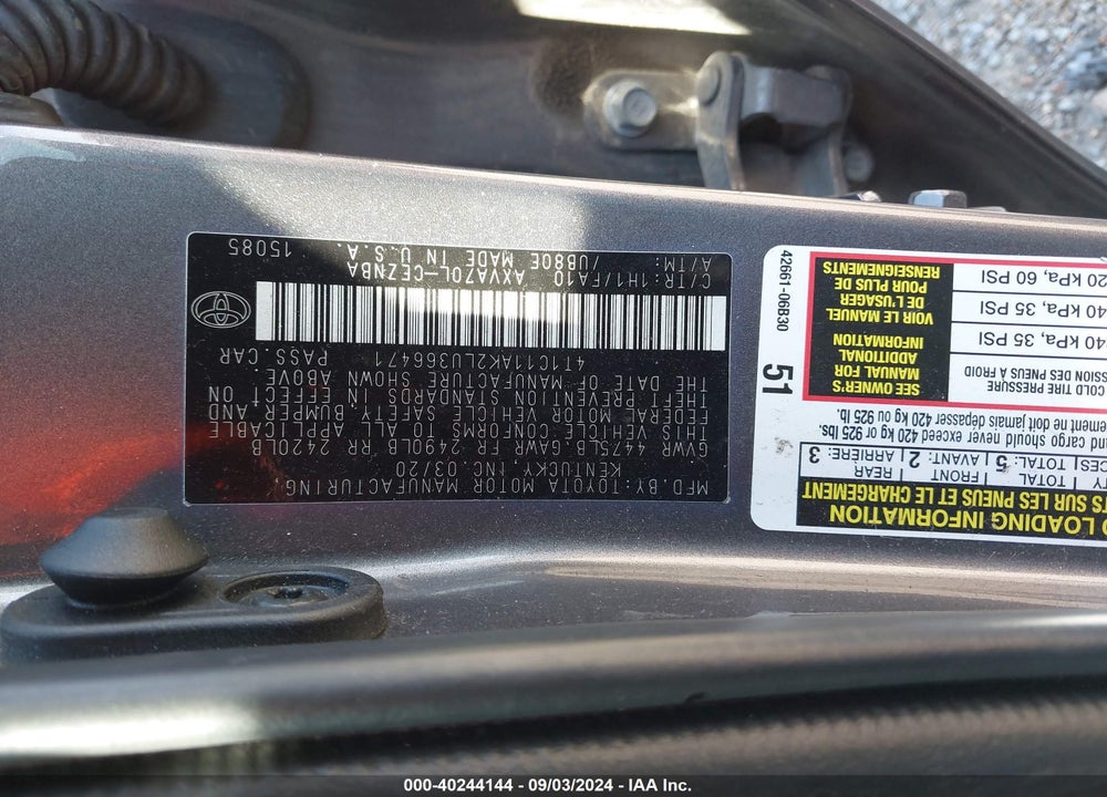 2020 TOYOTA CAMRY LE VIN: 4T1C11AK2LU366471