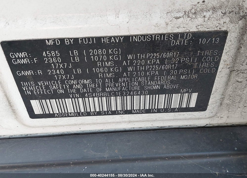 2014 SUBARU OUTBACK 2.5I LIMITED VIN: 4S4BRBLC1E3246430