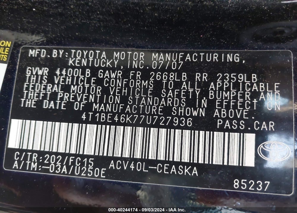 2007 TOYOTA CAMRY SE VIN: 4T1BE46K77U727936