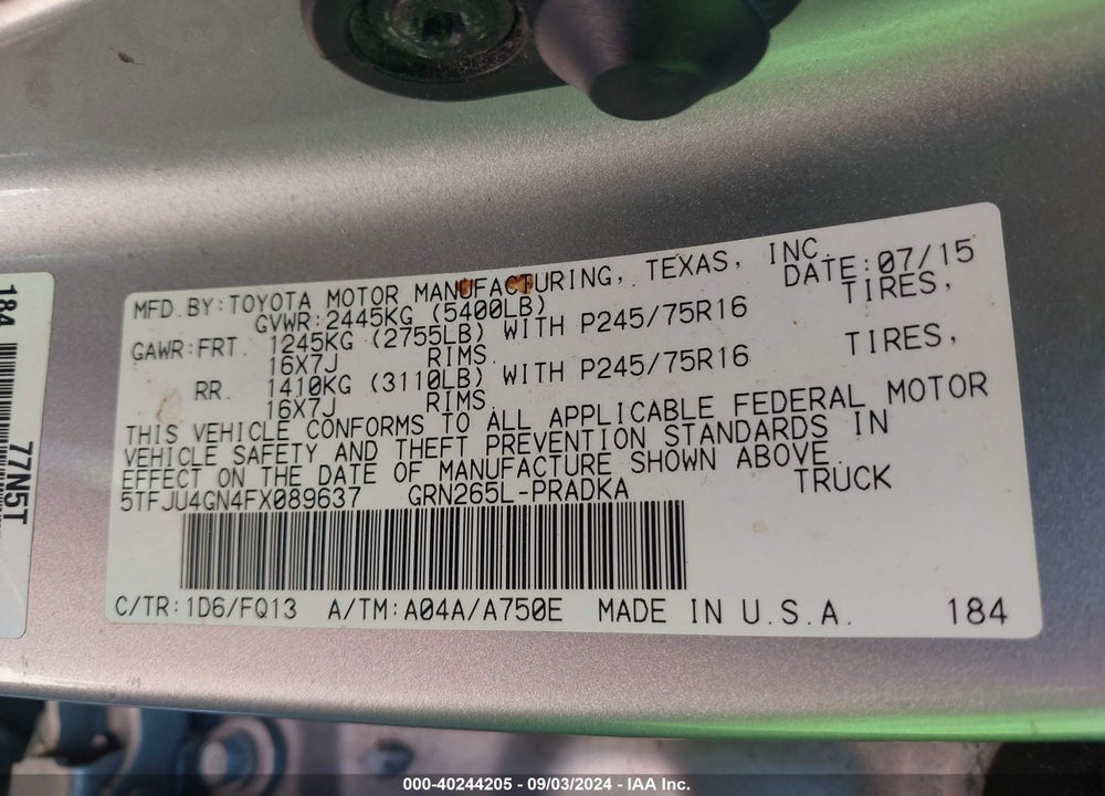 2015 TOYOTA TACOMA VIN: 5TFJU4GN4FX089637