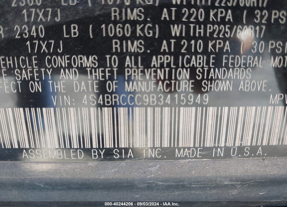 2011 SUBARU OUTBACK 2.5I PREMIUM VIN: 4S4BRCCC9B3415949