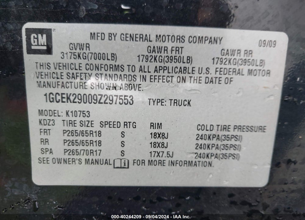 2009 CHEVROLET SILVERADO 1500 LT VIN: 1GCEK29009Z297553
