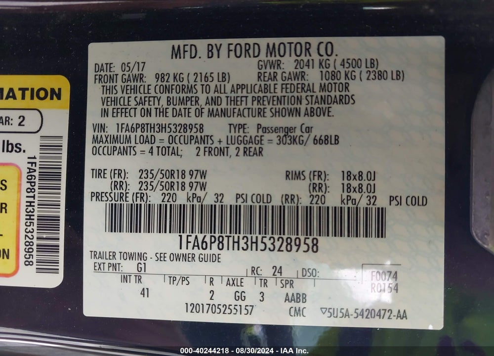2017 FORD MUSTANG ECOBOOST VIN: 1FA6P8TH3H5328958