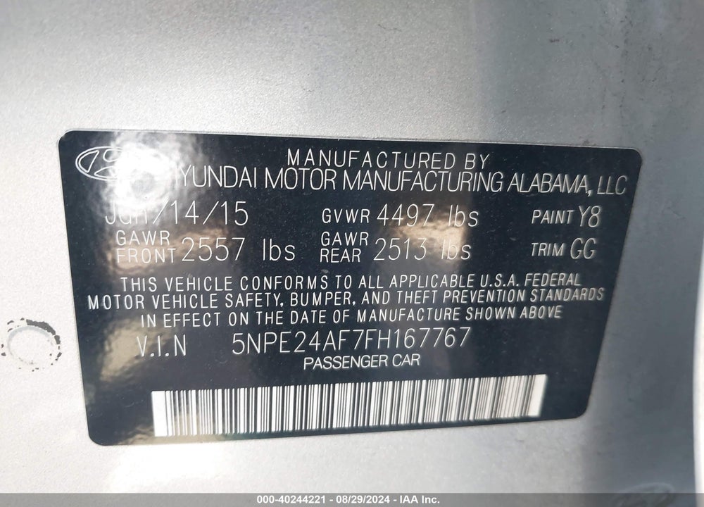 2015 HYUNDAI SONATA SE VIN: 5NPE24AF7FH167767