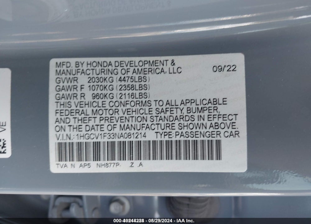2022 HONDA ACCORD SPORT VIN: 1HGCV1F33NA081214