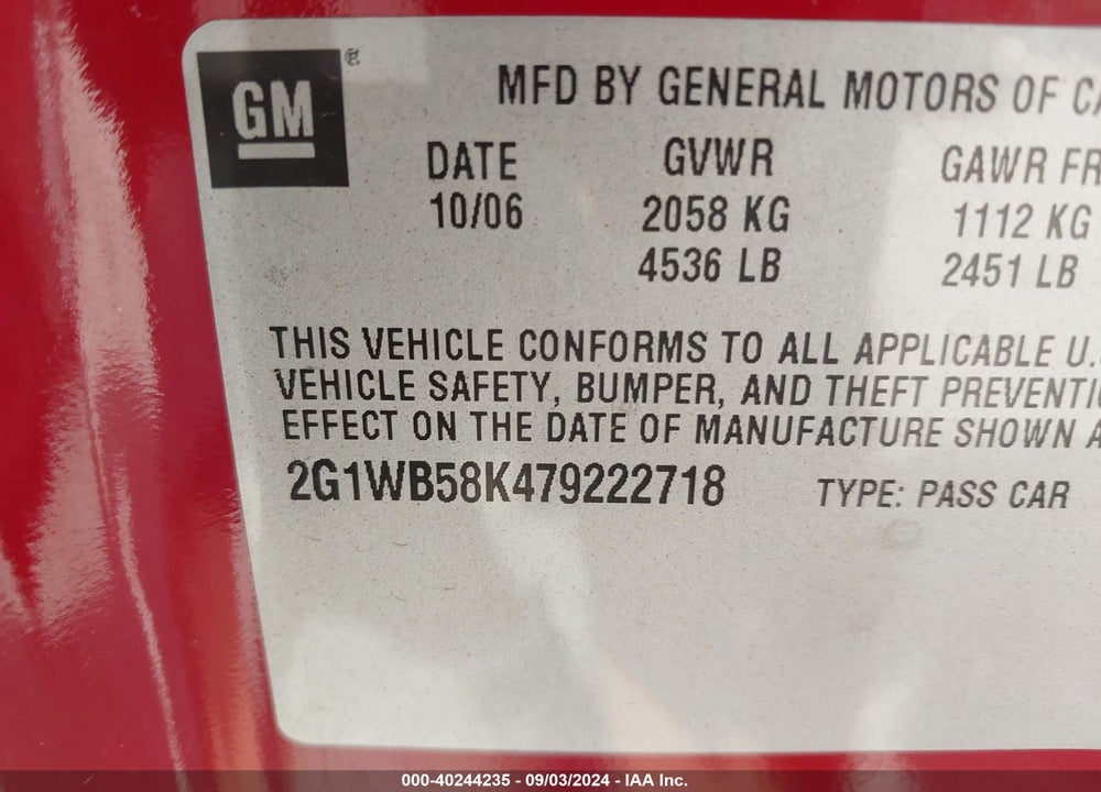 2007 CHEVROLET IMPALA LS VIN: 2G1WB58K479222718