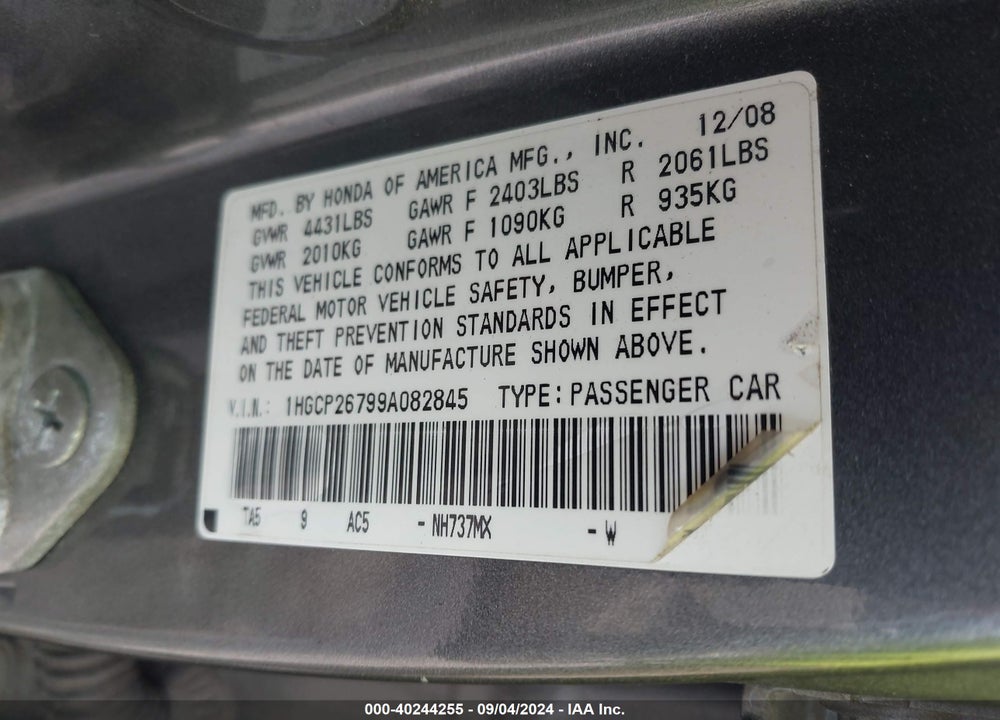 2009 HONDA ACCORD 2.4 EX VIN: 1HGCP26799A082845