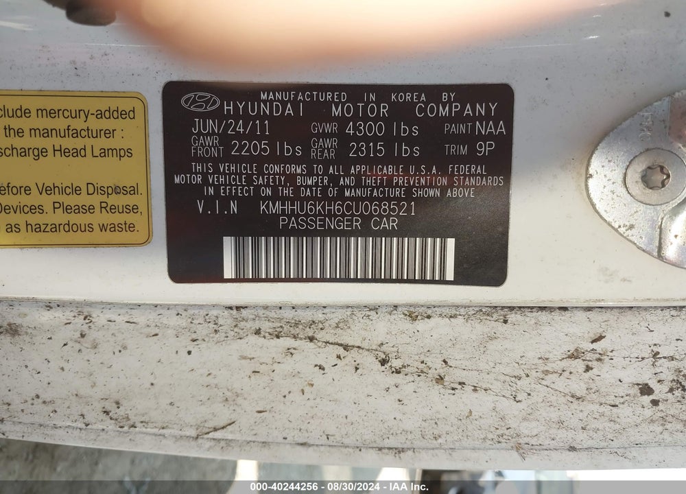 2012 HYUNDAI GENESIS 3.8 TRACK VIN: KMHHU6KH6CU068521