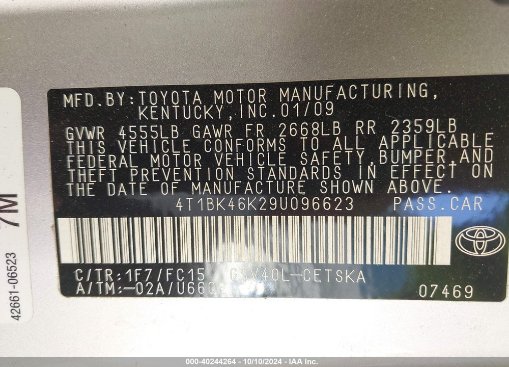 2009 TOYOTA CAMRY SE V6 VIN: 4T1BK46K29U096623