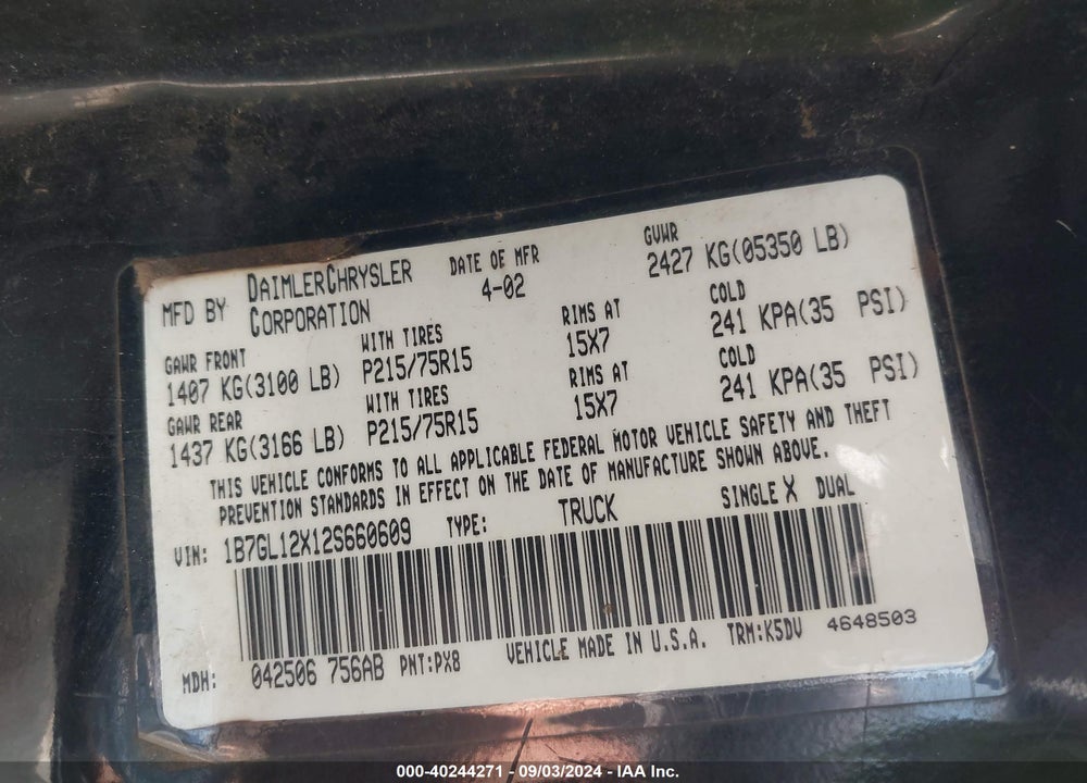 2002 DODGE DAKOTA VIN: 1B7GL12X12S660609
