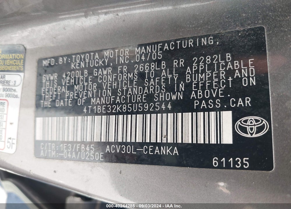 2005 TOYOTA CAMRY LE VIN: 4T1BE32K85U592544